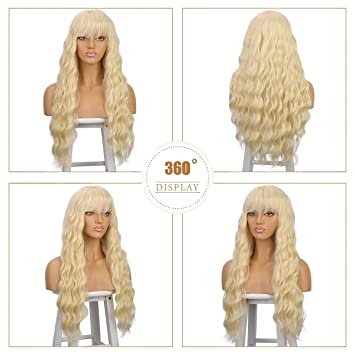 Photo 1 of Kreesi Women's Long Blonde Wavy Wig Fluffy Curly Wavy Wigs with Air Bangs Heat Friendly Synthetic 30" 613 Long Blonde Wig for Women Christmas Halloween Cosplay Party Wigs