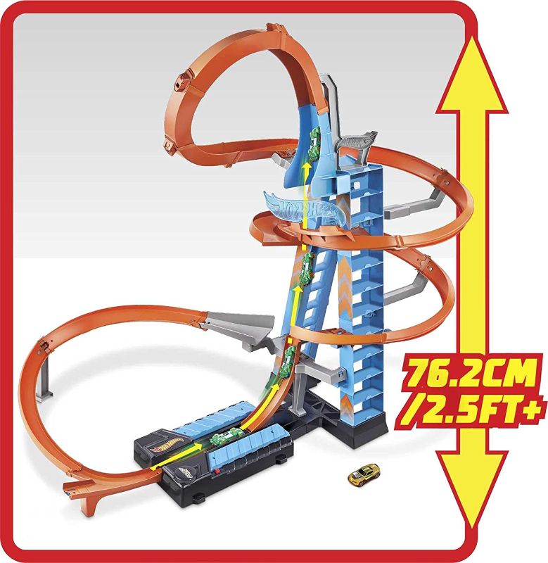 Photo 1 of ***SOME DAMAGED PIECES*** Hot Wheels Sky Crash Tower Track Set, 2.5+ ft High with Motorized Booster, Orange Track & 1 Hot Wheels Vehicle, Race Multiple Cars [Amazon Exclusive]
