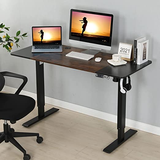 Photo 1 of BilBil Height Adjustable Electric Standing Desk, Sit to Stand Desk Home Office Computer Desk, 55 x 24 Rustic Brown and Black Top, Black Frame
