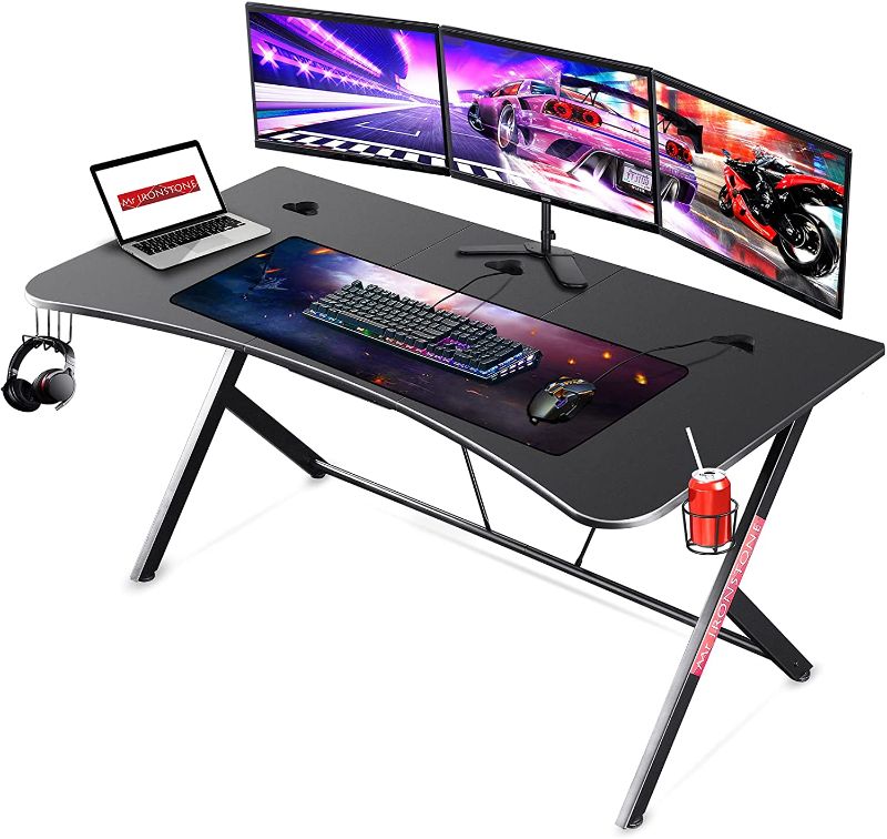 Photo 1 of Mr Ironstone large gaming table 160cm W x 81cm D home office computer desk, black gaming workstation with cup holder, headphone hook and 3 holes for cable management
