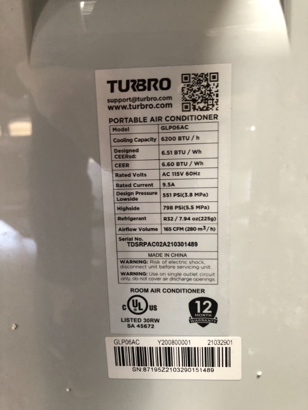Photo 3 of ***PARTS ONLY***  TURBRO Greenland 10,000 BTU Portable Air Conditioner, Dehumidifier and Fan, 3-in-1 Floor AC Unit for Rooms up to 400 Sq Ft, Sleep Mode, Timer, Remote Included (6,000 BTU SACC)
