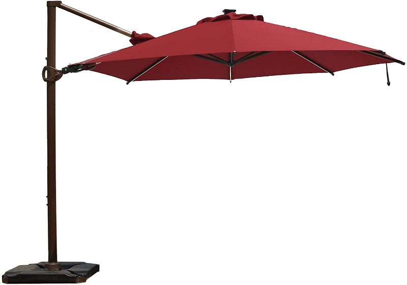 Photo 1 of Abba Patio 11.5ft with Light Patio Offset Hanging Umbrella 360°Rotating Outdoor Cantilever Umbrella with Crank & Base Weight for Garden, Deck, Backyard, Pool, Red
