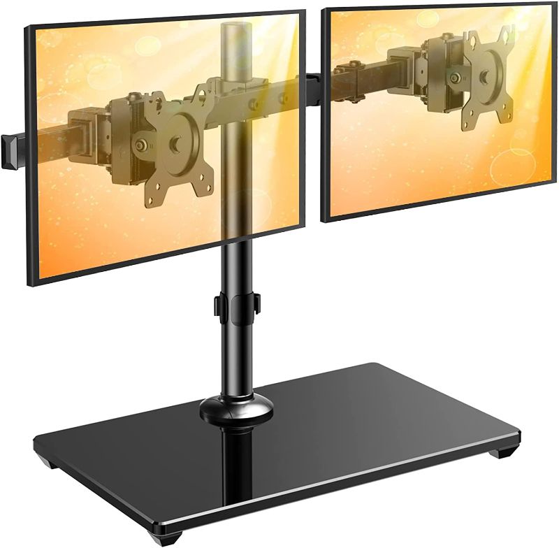 Photo 1 of ErGear Dual Monitor Stand with Glass Base, Freestanding Height Adjustable Two Arm Monitor Mount, Heavy Duty Structure Supports Most 17-32” Monitors up to 26.4lbs, EGCM6
