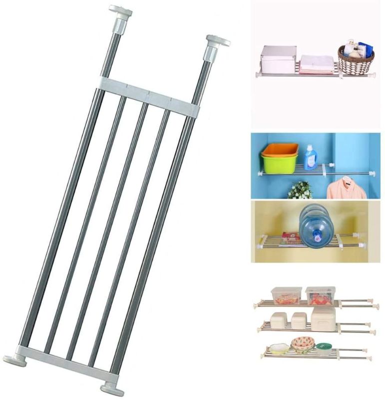 Photo 1 of BAOYOUNI Expandable Closet Tension Shelf Rod Organizer Adjustable Storage Rack Heavy Duty Clothes Hanger Metal Space Saving Divider for Bathroom Kitchen Cupboard Wardrobe Bookshelf 32''-46'', Ivory
