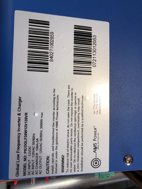 Photo 5 of AIMS PICOGLF40W12V240VS 4000 W / 12000 W Peak Pure Sine Inverter Charger 12VDC 240VAC Input to 120/240 VAC Backup Power 23.5 x 8.5 x 7 inches

