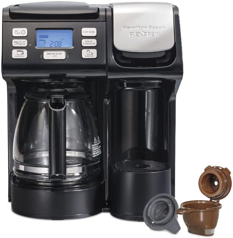 Photo 1 of Hamilton Beach 49902 FlexBrew Trio 2-Way Coffee Maker, Compatible with K-Cup Pods or Grounds, Combo, Single Serve & Full 12c Pot, Black - Fast Brewing
