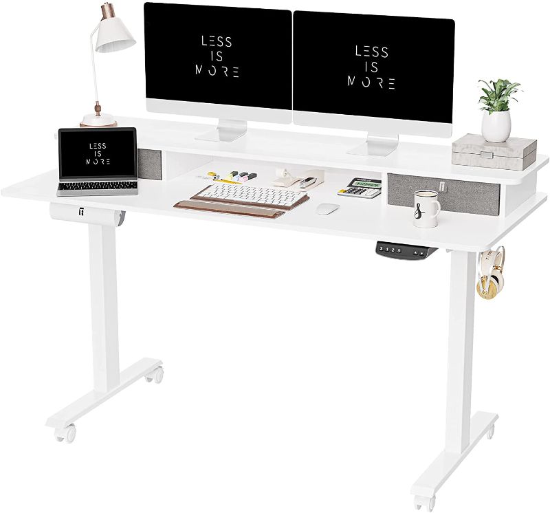 Photo 1 of LEGS ONLY** INCOMPLETE* 
FEZIBO Height Adjustable Electric Standing Desk with Double Drawer, 55 x 24 Inch Stand Up Table with Storage Shelf, Sit Stand Desk with Splice Board, White Frame/White Top
