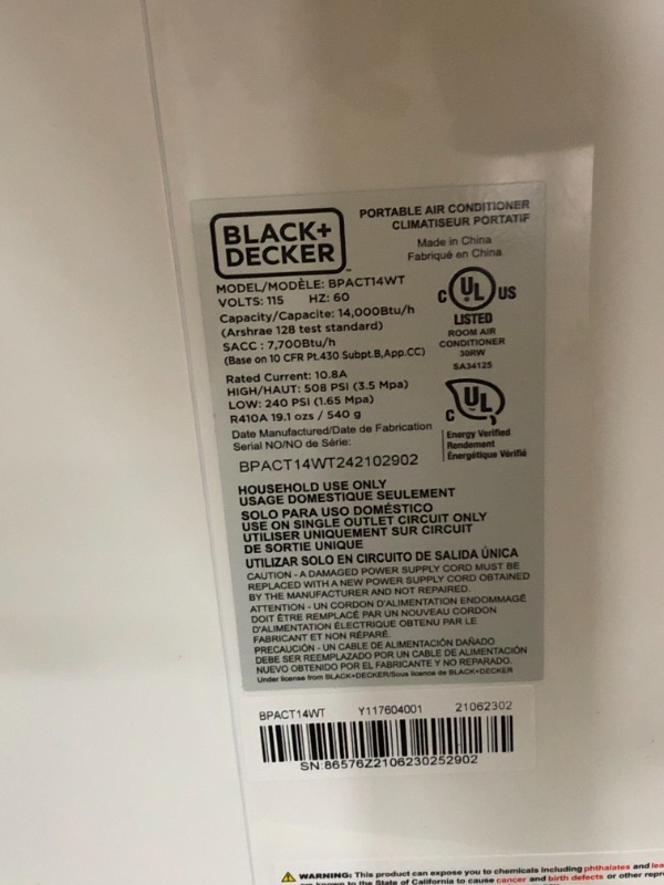 Photo 5 of USED: BLACK+DECKER 8,000 BTU DOE (14,000 BTU ASHRAE) Portable Air Conditioner with Remote Control, White 17.1 x 13.8 x 28.1 inches
