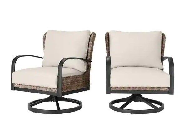 Photo 1 of 
Home Decorators Collection
Hazelhurst Brown Wicker Outdoor Patio Swivel Lounge Chair with CushionGuard Almond Tan Cushions (2-Pack) Assembled Depth (in.) 30.91 in Assembled Height (in.) 34.45 in Assembled Width (in.) 29.53 in