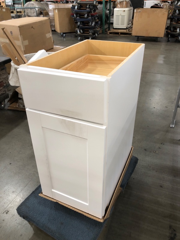 Photo 2 of 
Hampton Bay
Shaker Satin White Stock Assembled Base Kitchen Cabinet with Ball-Bearing Drawer Glides (15 in. x 34.5 in. x 24 in.)