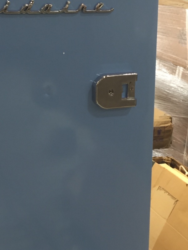 Photo 2 of ***PARTS ONLY*** DAMAGED
Frigidaire EFR376-BLUE 3.2 Cu Ft Blue Retro Bar Fridge with Side Bottle Opener
