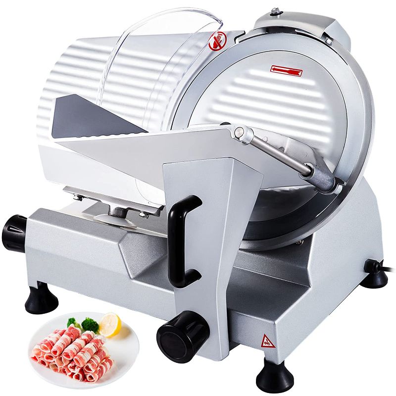 Photo 1 of VEVOR Commercial Meat Slicer, 10 inch Electric Food Slicer, 240W Frozen Meat Deli Slicer, Premium Chromium-plated Steel Blade Semi-Auto Meat Slicer For Commercial and Home use
