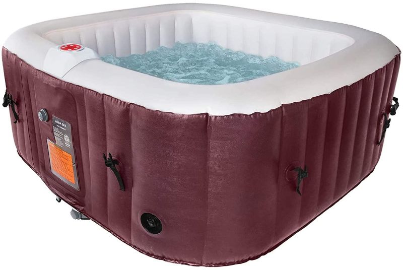 Photo 1 of #WEJOY AquaSpa Portable Hot Tub 61X61X26 Inch Air Jet Spa 2-3 Person Inflatable Square Outdoor Heated Hot Tub Spa with 120 Bubble Jets, WINE-2-3 Person (AQA_SPA-A154_Wine- USVC2)
