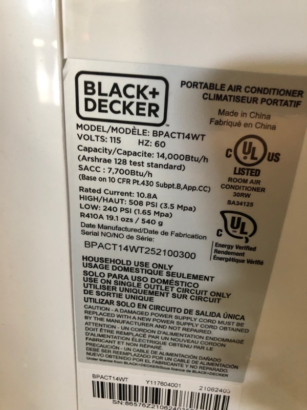 Photo 1 of BLACK+DECKER 8,000 BTU DOE (14,000 BTU ASHRAE) Portable Air Conditioner with Remote Control, White