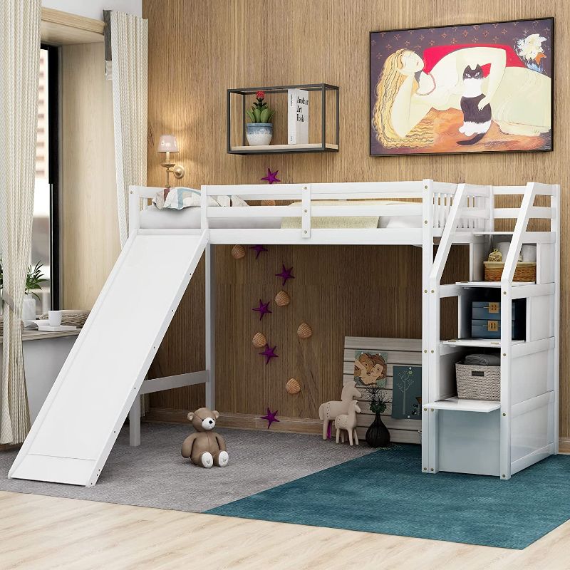 Photo 1 of (INCOMPLETE)
(BOX2OF3)
(REQUIRES BOX1&3 FOR COMPLETION)
Twin Loft Bed with Slide, Wood Loft Bed No Box Spring Needed with Stairway (White Loft Slide Bed Twin Size)
