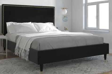 Photo 1 of (INCOMPLETE)
(BOX1OF2: HEADBOARD)
(REQUIRES BOX2 FOR COMPLETION)
 Black Velvet Upholstered Queen Size Bed