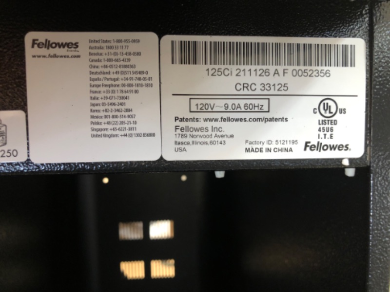 Photo 5 of **MINOR DAMAGE** Fellowes Powershred® 125Ci 100% Jam Proof Cross-Cut Shredder
