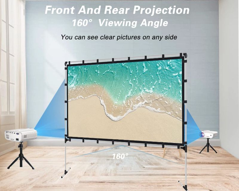 Photo 1 of 120 Inch Projector Screen and Stand Portable Front Rear Projection Screen 16:9 HD 4K Foldable Movie Screen with Carry Bag for Outdoor Indoor Home Theater Backyard Cinema Travel
