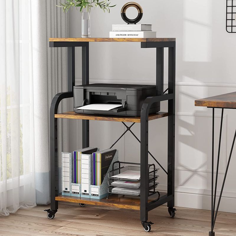 Photo 1 of ***MISSING SOME HARDWARE*** JIAJUPA 3-Tier Mobile Printer Stand with Storage, Large Modern Home Printer Cart with Lockable Rolling Wheels and Adjustable Storage Shelf Rack for Home Office, Rustic Brown (Rustic Brown)
