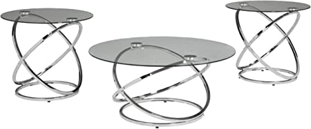 Photo 1 of **MINOR DAMAGE**MISSING HARDWARE**Signature Design by Ashley Hollynyx Contemporary Round 3-Piece Occasional Table Set, Includes Coffee Table and 2 End Tables, Chrome
