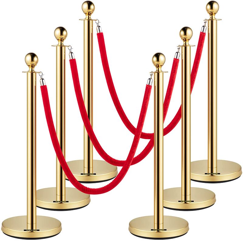 Photo 1 of **MISSING PARTS** VEVOR Velvet Ropes and Posts, 5 ft/1.5 m Red Rope, Stainless Steel Gold Stanchion with Ball Top, Red Crowd Control Barrier Used for Theaters, Party, Wedding, Exhibition, Ticket Offices Pack Sets (6)
