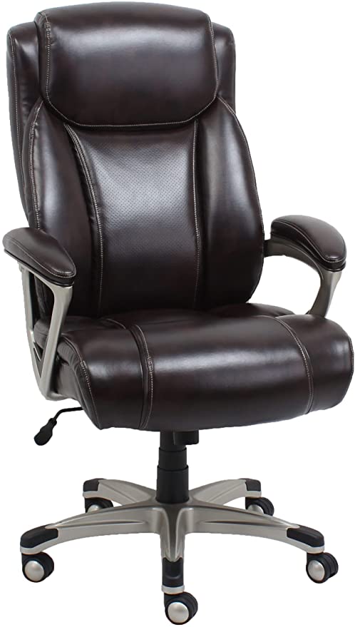 Photo 1 of Amazon Basics Big & Tall Executive Computer Desk Chair with Lumbar Support, Adjustable Height and Tilt, 350Lb Capacity, Brown with Pewter Finish
