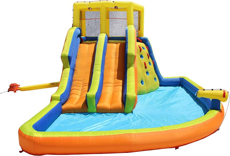 Photo 1 of **HAS HOLE**

BANZAI Double Drench Water Park, Length: 15 ft, Width: 11 ft 5 in, Height: 8 ft 4 in, Inflatable Outdoor Backyard Water Slide Splash Toy
