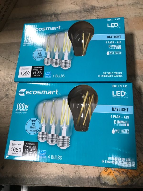 Photo 2 of 2 BOXES OF EcoSmart
100-Watt Equivalent A19 Dimmable Clear Glass Filament LED Light Bulb Daylight (4-Pack)