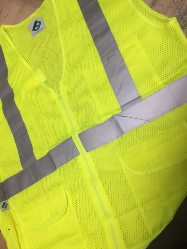 Photo 2 of BRASWELL LLC Industrial Neon Yellow Safety Vest, Front Zipper Knitted, 3-Pocket