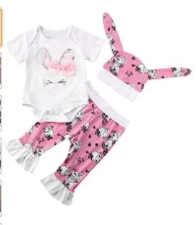 Photo 1 of Easter Outfits Infant Newborn Baby Girls Bunny Short Sleeve Romper Bodysuit Tops Pants Hat 3PCS Easter Clothes Set
 