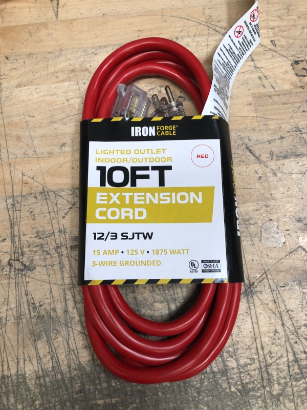 Photo 2 of 10 Ft Lighted Outdoor Extension Cord - 12/3 SJTW Heavy Duty Red Extension Cable with 3 Prong Grounded Plug for Safety - Great for Garden & Major Appliances
