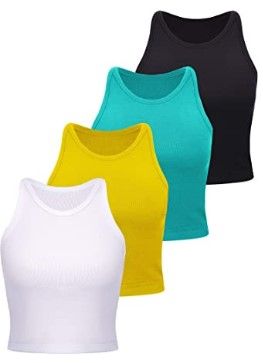 Photo 1 of 4 Pieces Basic Crop Tank Tops Women Sleeveless Racerback Crop Tops Sport Crop Tops for Lady Girls Daily Wearing M
