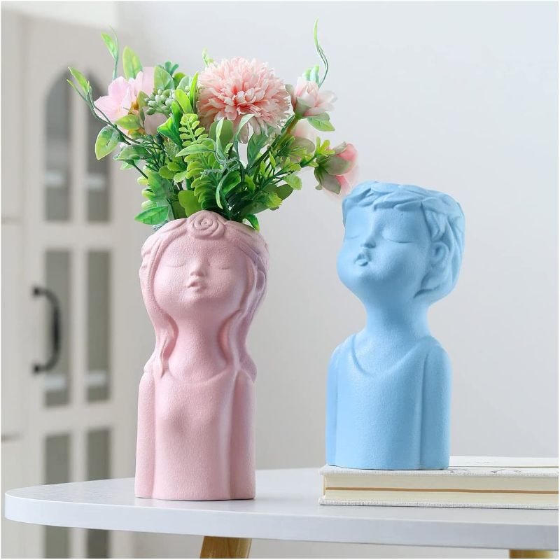 Photo 1 of Decorative Flower Vase, Body Vase, Face vase - Coxnfer Cute Boy and Girl Unique Body Head Shaped Sculpture Ceramic vases Set of 2, for Modern Home Decor Face Planter Floral Indoor Decoration?Color
