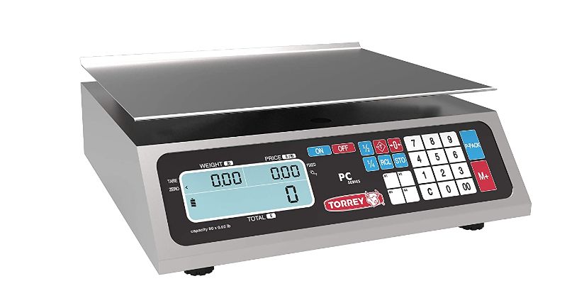 Photo 1 of TORREY PC80L Electronic Price Computing Scale, Rechargeable Battery, Stainless Steel Construction, 100 Memories, 8 Direct Access Keys, 80 lb

**powers on
