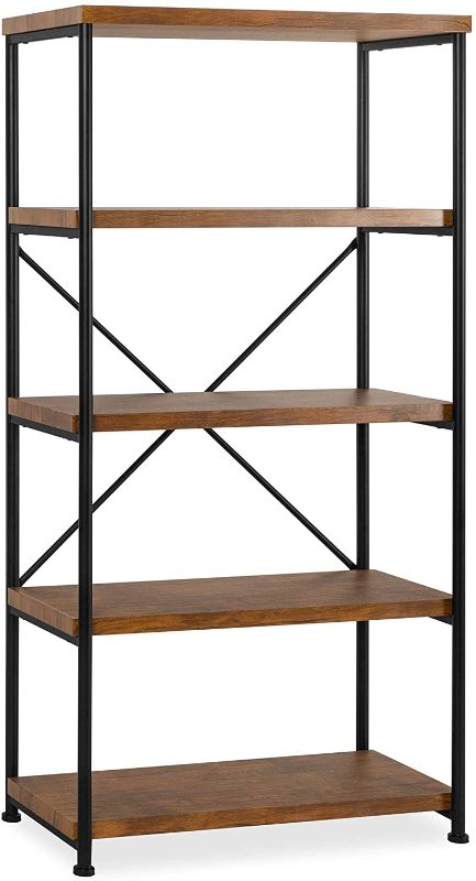 Photo 1 of  5-Tier Rustic Industrial Bookshelf Display Décor Accent for Living Room, Bedroom, Office w/Metal Frame, Wood Shelves - Brown
