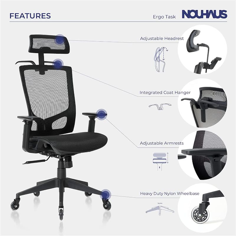 Photo 1 of NOUHAUS ErgoTASK/Draft – Ergonomic Task/Draft Chair, Computer Chair and Office Chair with Headrest. Rolling Swivel Chair with Wheels (Black, ErgoTask)
