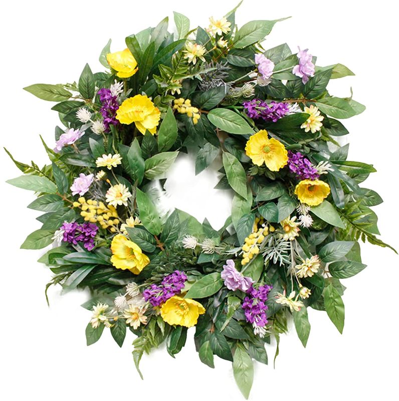 Photo 1 of 22 inch Eucalyptus Wreath for Front Door Large Artificial Green Leaves Wreath Spring Garland Floral Wreaths with Daisy, Lilac and Corn Flowers for Wedding, Window, Wall, Door, Farmhouse Home Decor
