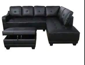 Photo 1 of ***DAMAGED*** Black Faux Leather 3-Seater Right-Facing Chaise Sectional Sofa with Storage Ottoman