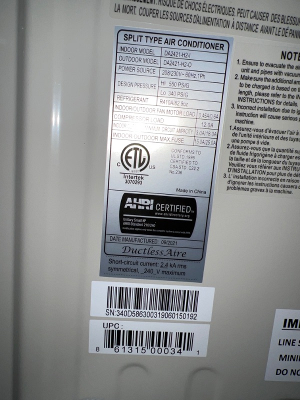 Photo 13 of DuctlessAire 24,000 Btu 20.5 SEER Energy Star Ductless Mini Split Air Conditioner and Heat Pump Variable Speed Inverter 220V, 25ft Installation Kit (24000 Btu 21 SEER)
