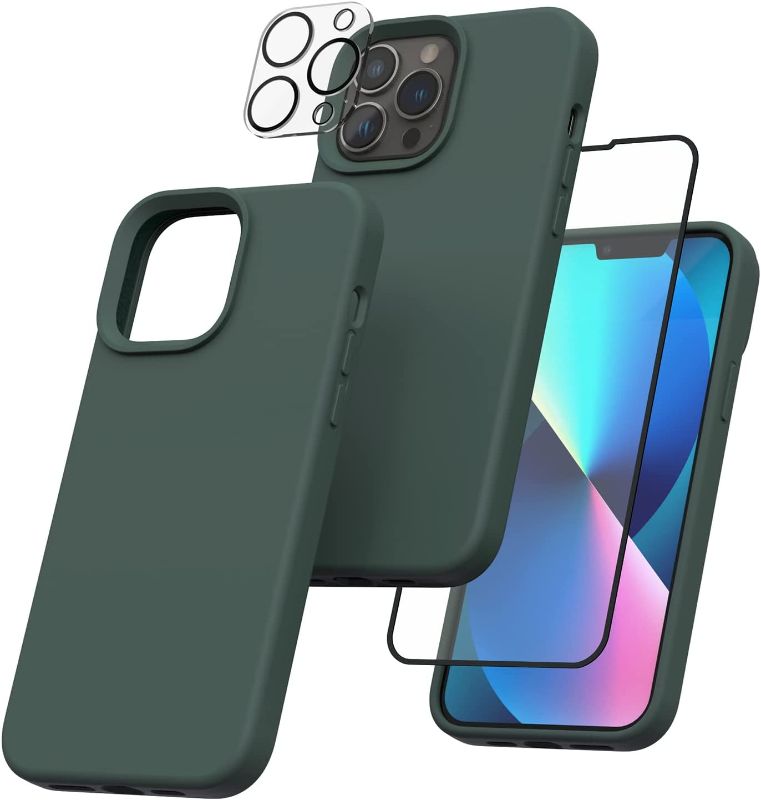 Photo 1 of POVRYE [3 in 1] Designed for iPhone 13 Pro Case 6.1 Inch, with 1 Pack Screen Protector + 1 Pack Camera Lens Protector, Soft Liquid Silicone Ultra Slim Shockproof Cover [Anti-Scratch], Midnight Green