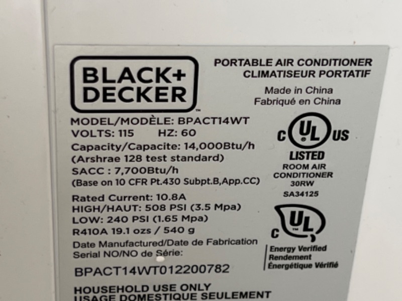 Photo 7 of BLACK+DECKER 8,000 BTU DOE (14,000 BTU ASHRAE) Portable Air Conditioner with Remote Control, White