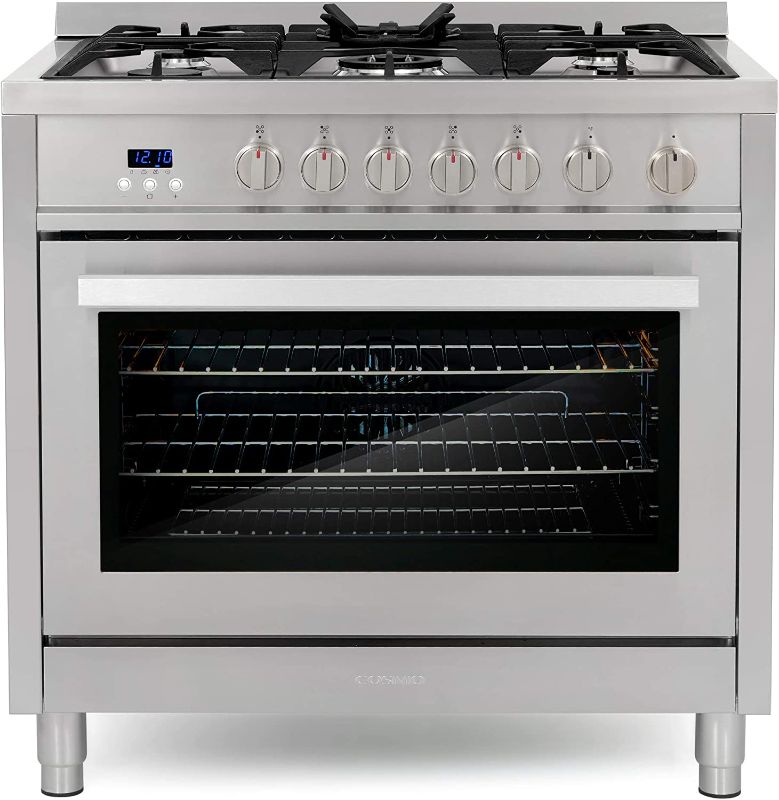 Photo 1 of COSMO COS-965AGFC 36 in. Gas Range with 5 Burner Cooktop, 3.8 cu. ft. Capacity Rapid Convection Oven with 5 Functions, Heavy Duty Cast Iron Grates in Stainless Steel
