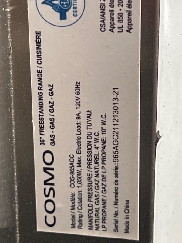 Photo 13 of COSMO COS-965AGFC 36 in. Gas Range with 5 Burner Cooktop, 3.8 cu. ft. Capacity Rapid Convection Oven with 5 Functions, Heavy Duty Cast Iron Grates in Stainless Steel
