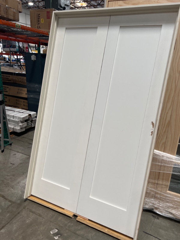 Photo 6 of 48 in. x 80 in. 1-Panel Primed White Shaker Solid Core Wood Double Prehung Interior Door 