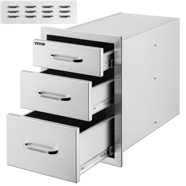 Photo 1 of (DENTED CORNER; MISSING HARDWARE/HANDLES) VEVOR 18 in. W x 23.2 in. H x 23.1 in. D Outdoor Kitchen Stainless Steel Triple BBQ Access Drawers with Chrome Handle