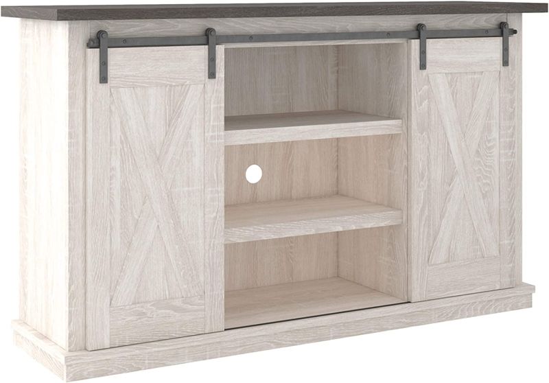 Photo 1 of (DAMAGED CORNERS) Signature Design by Ashley Dorrinson Farmhouse TV Stand Fits TVs up to 50" with Sliding Barn Doors and Storage Shelves, Whitewash & Gray
