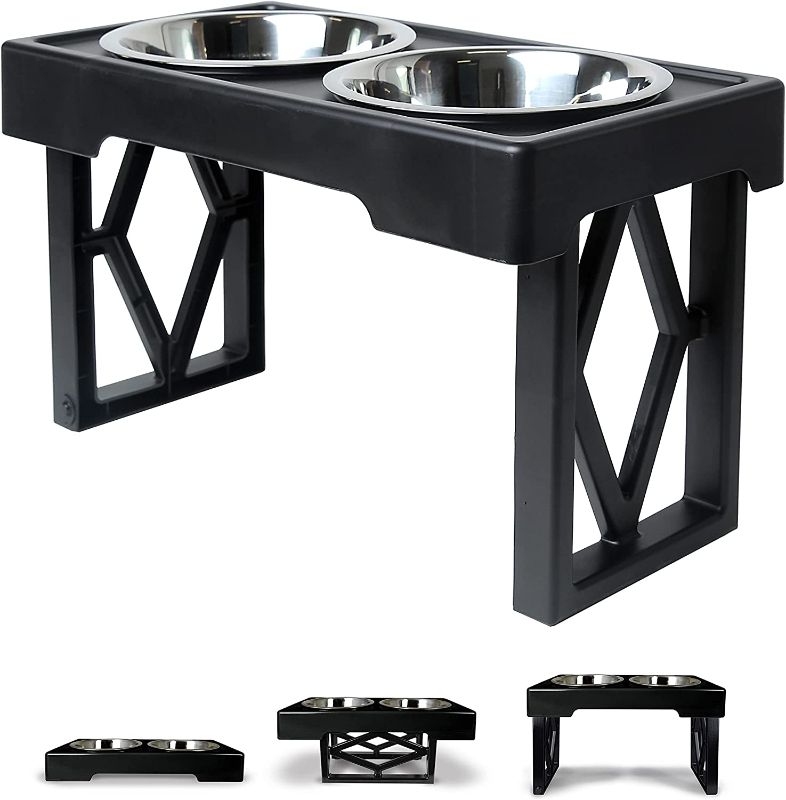 Photo 1 of Pet Zone Designer Diner Adjustable Elevated Dog Bowls - Adjusts to 3 Heights, 2.75”, 8", & 12'' (Raised Dog Dish with Double Stainless Steel Bowls) Black
