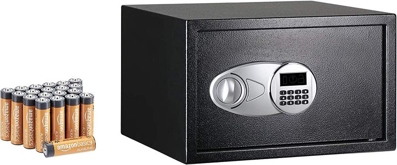 Photo 1 of Amazon Basics Steel Security Safe with AA Performance Batteries - Secure Cash, Jewelry, ID Documents - Black, 1.2 Cubic Feet, 16.93 x 14.57 x 10.63 inches
