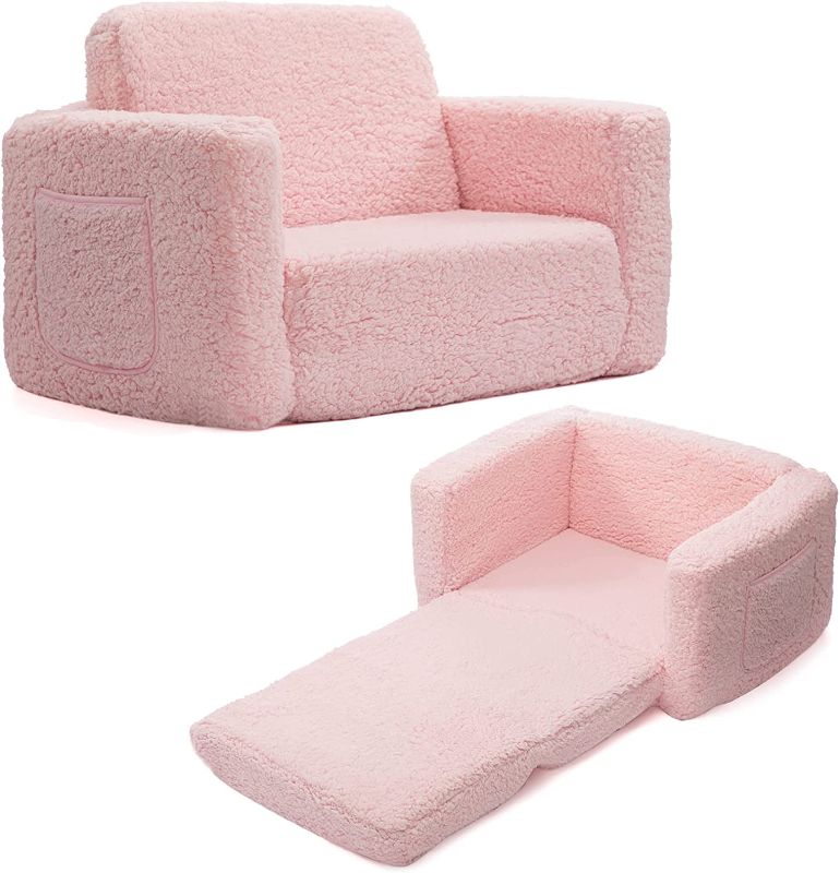 Photo 1 of  2-in-1 Flip Out Cuddly Sherpa Toddler Couch Convertible Sofa to Lounger, Pink