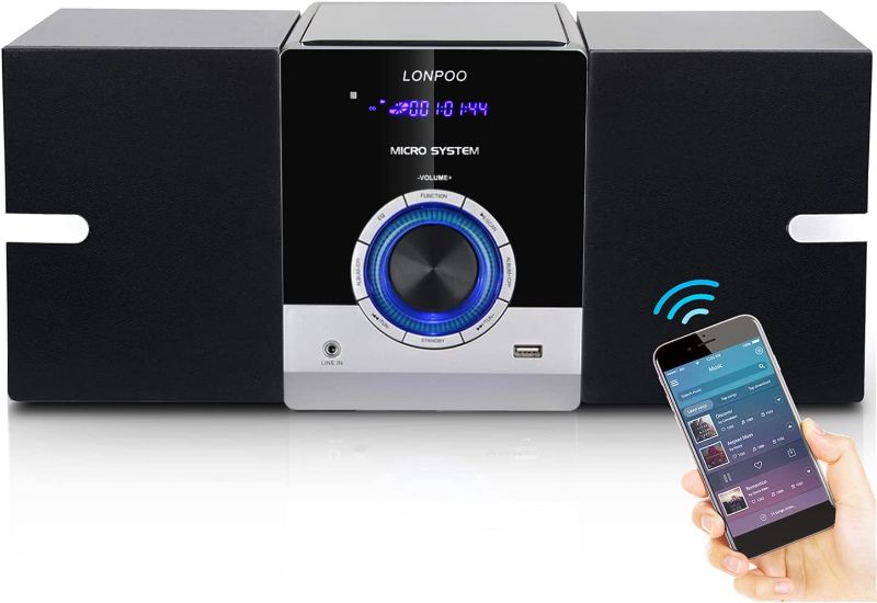 Photo 1 of Compact CD Stereo Shelf Systems with FM Stereo Radio, LONPOO Bluetooth Stereo System 30W Speakers for Home with CD Player, Headphone Jack, USB Input, AUX-Input, Micro Music Sound System
